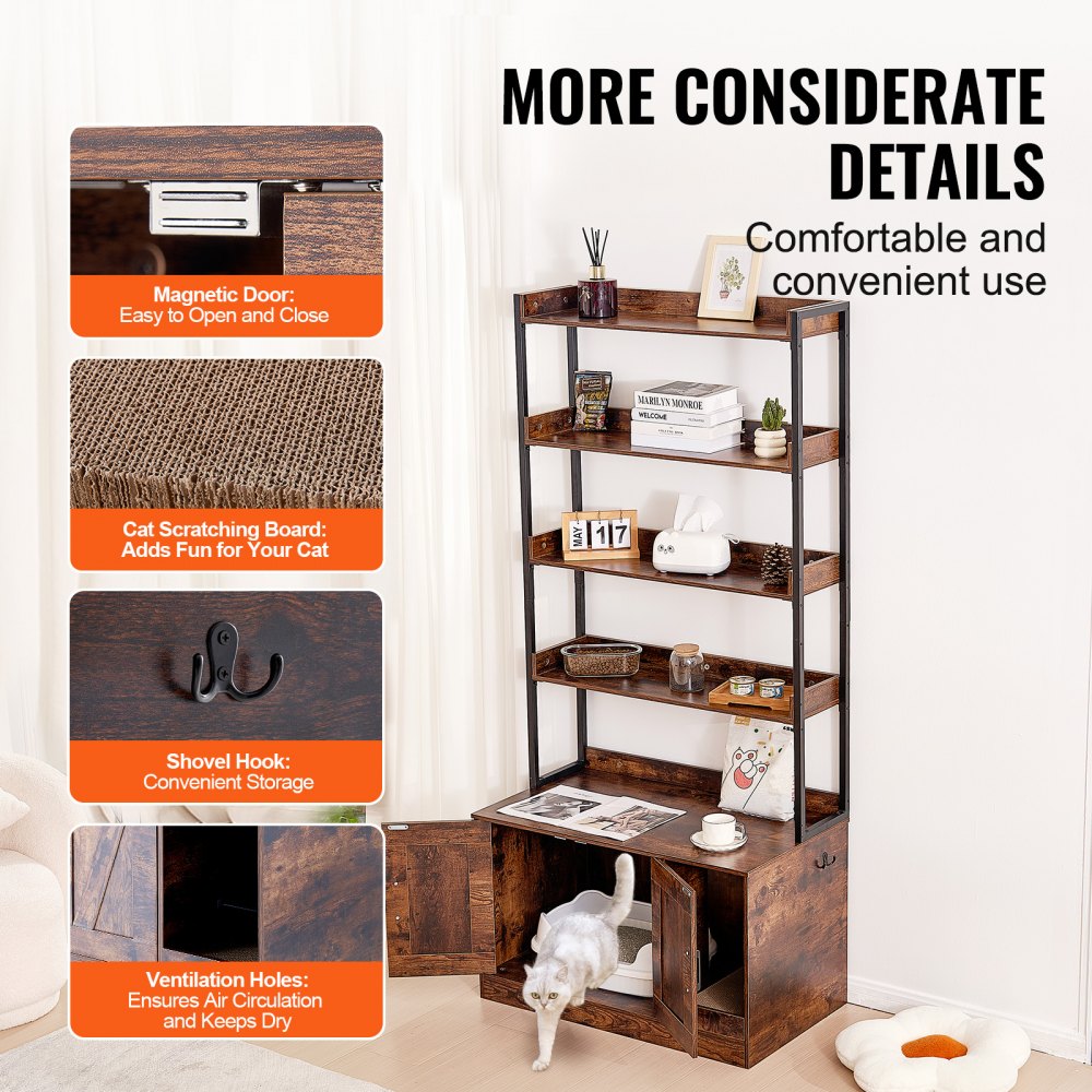 Cat Litter Box Enclosure Wooden Litter Box Furniture Hidden with 4 Shelves