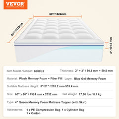 Mattress Topper Premium Memory Foam Fiber Fill Queen Size 4 in Thickness