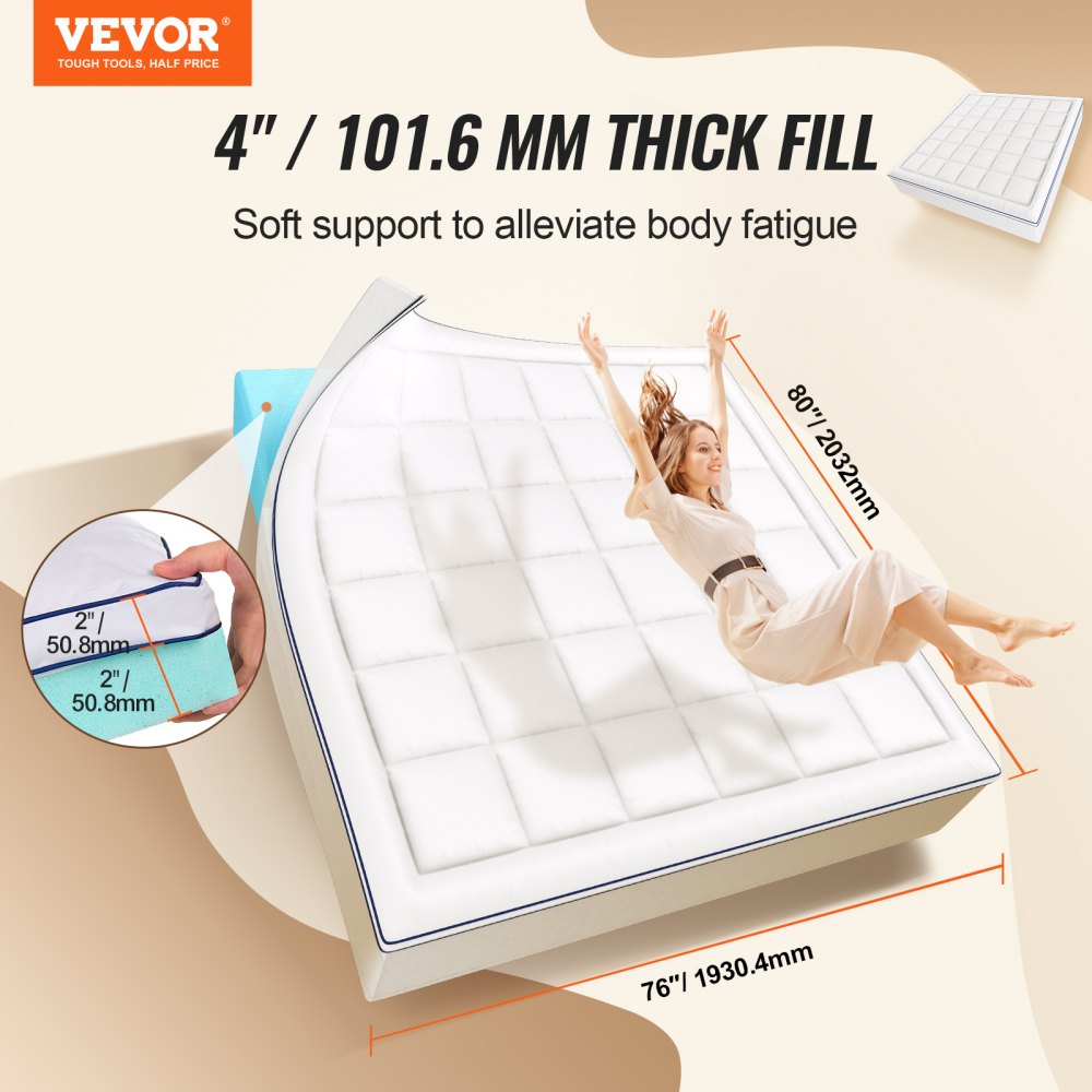 Mattress Topper Premium Memory Foam Fiber Fill King Size 4 in Thickness