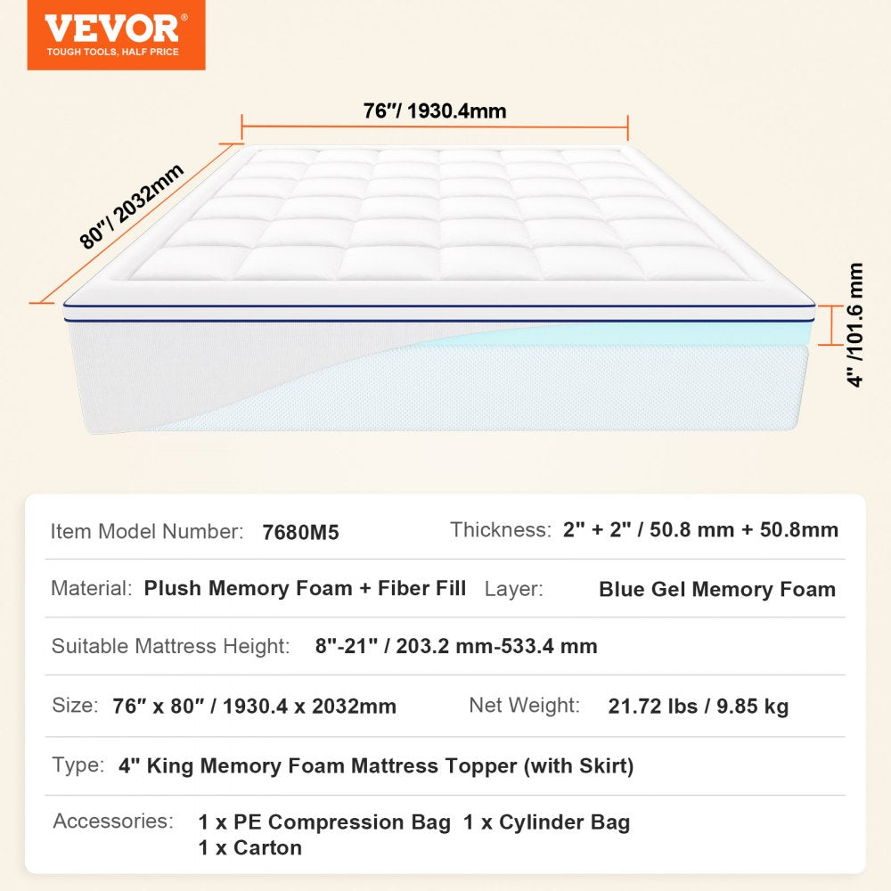 Mattress Topper Premium Memory Foam Fiber Fill King Size 4 in Thickness