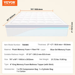 Mattress Topper Premium Memory Foam Fiber Fill King Size 4 in Thickness