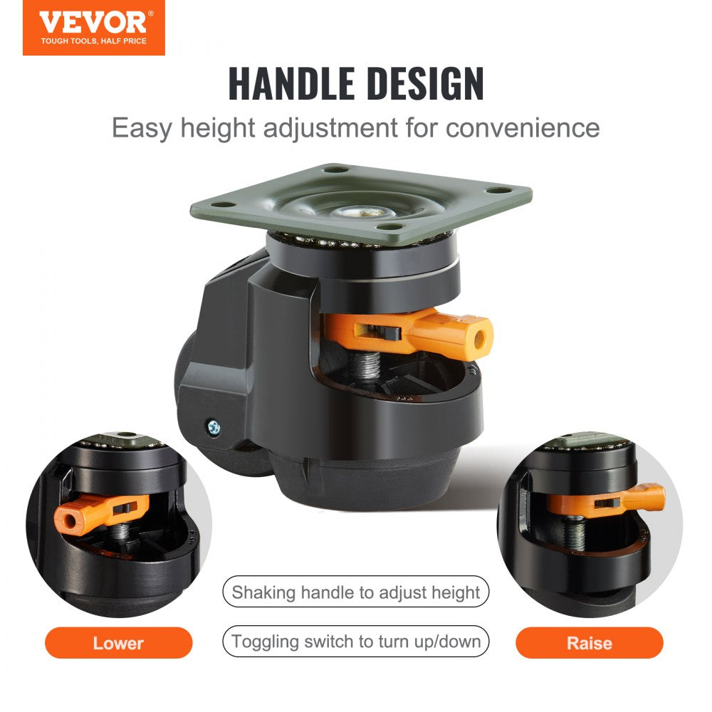 Leveling Casters, Set of 4, 2200 lbs Total Load Capacity, 2.5 inches, Heavy Duty with Upgraded Handle Design, 360 Degree Swivel Caster Wheels, Adjustable Casters with Feet for Workbench, Machine