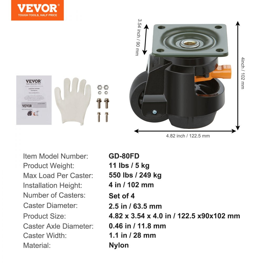 Leveling Casters, Set of 4, 2200 lbs Total Load Capacity, 2.5 inches, Heavy Duty with Upgraded Handle Design, 360 Degree Swivel Caster Wheels, Adjustable Casters with Feet for Workbench, Machine