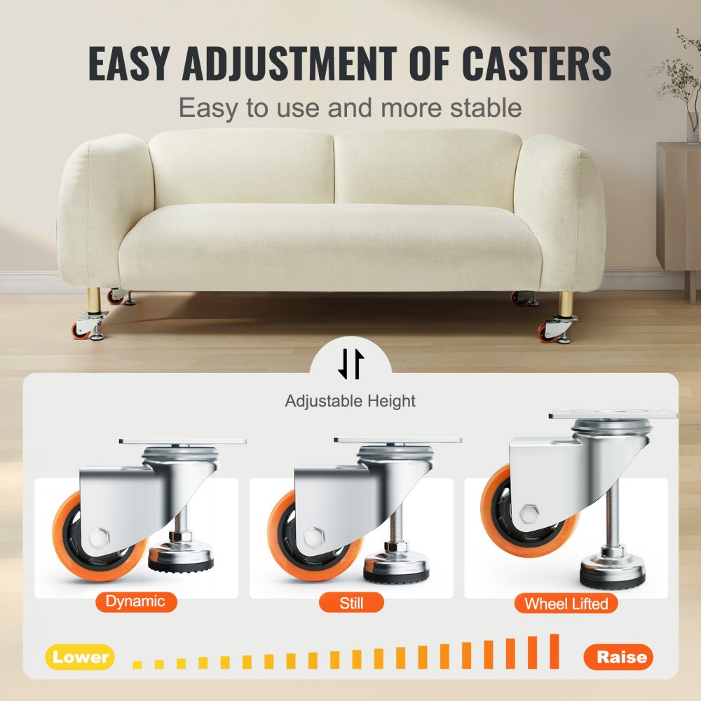 Leveling Casters, Set of 4, 720 lbs Total Load Capacity, 3 inches Diameter, Heavy Duty 360 Degree Swivel Caster Wheels, Adjustable Casters with Feet for Workbench, Machine, Equipment, Furniture