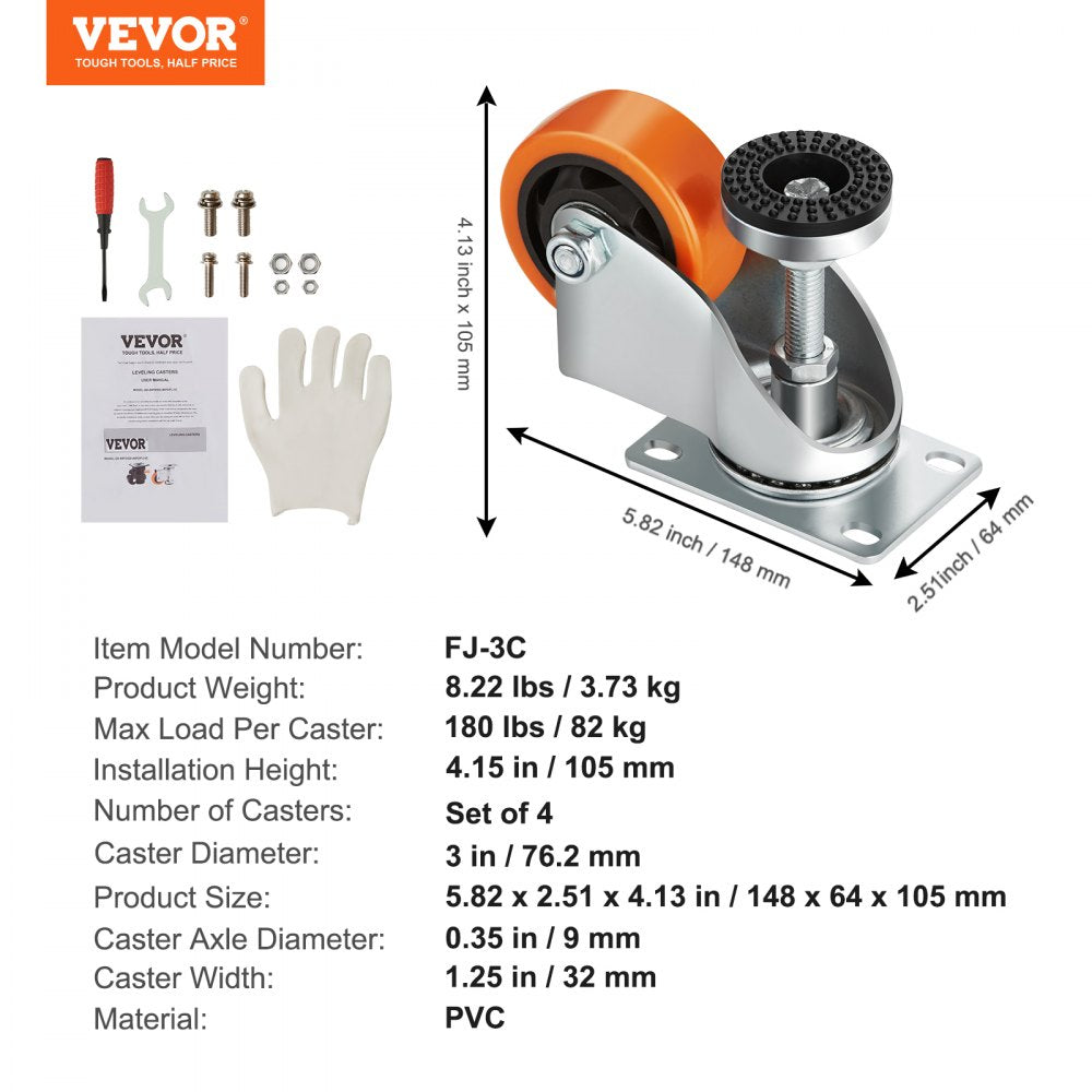 Leveling Casters, Set of 4, 720 lbs Total Load Capacity, 3 inches Diameter, Heavy Duty 360 Degree Swivel Caster Wheels, Adjustable Casters with Feet for Workbench, Machine, Equipment, Furniture