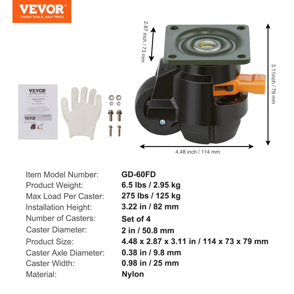 Leveling Casters, 4-Pack Heavy Duty 360° Swivel Caster Wheels Hold up to 1100 lbs Load, 2 inches Caster Diameter, Adjustable Casters with Upgraded Handle Design and Feet for Workbench & Machine