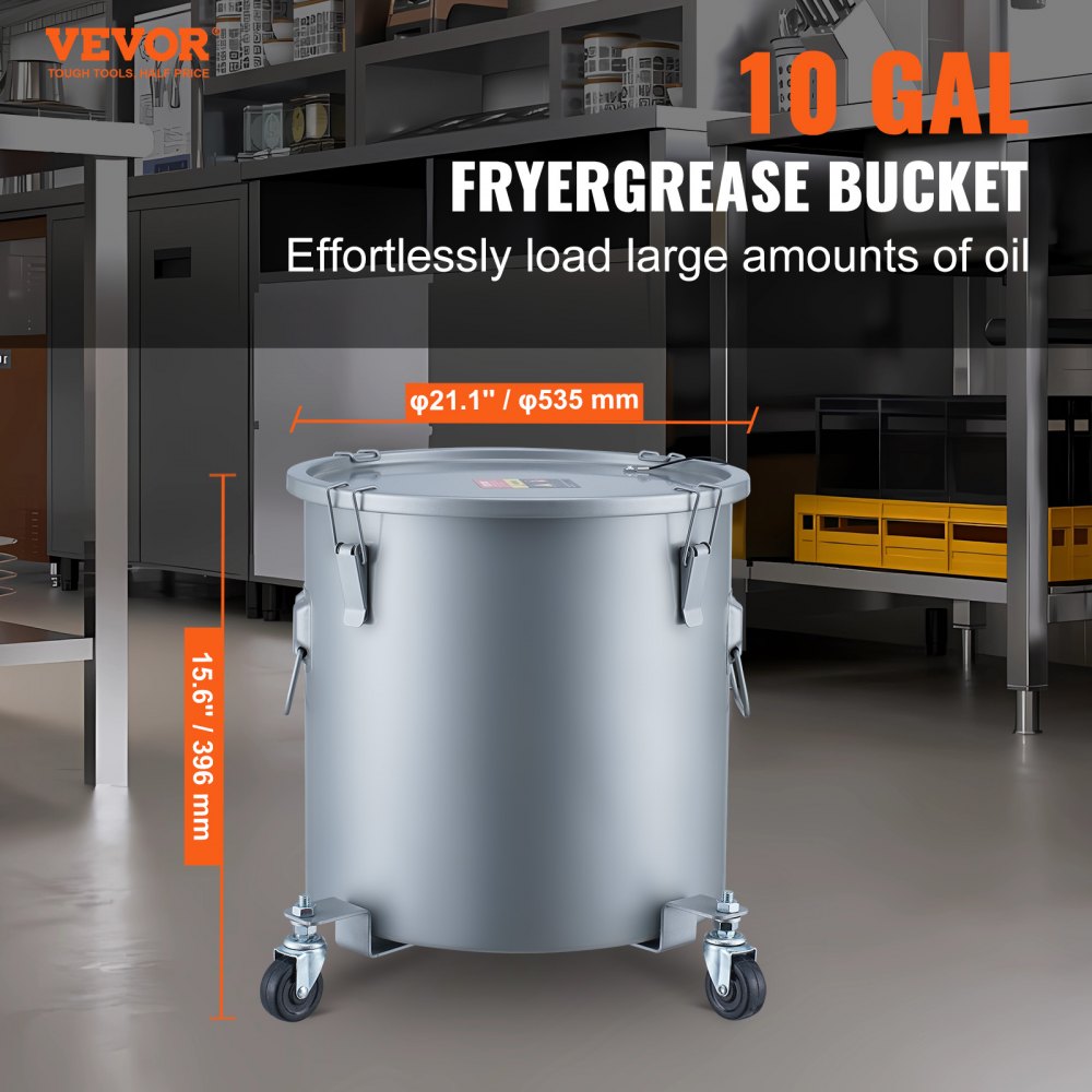 Fryer Grease Bucket, 10 Gal Oil Disposal Caddy with Caster Base, Carbon Steel Rust-Proof Coating, Oil Transport Container with Lid, Lock Clips, Filter Bag for Hot Cooking Oil Filtering, Gray