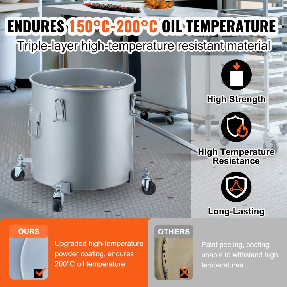 Fryer Grease Bucket, 10 Gal Oil Disposal Caddy with Caster Base, Carbon Steel Rust-Proof Coating, Oil Transport Container with Lid, Lock Clips, Filter Bag for Hot Cooking Oil Filtering, Gray