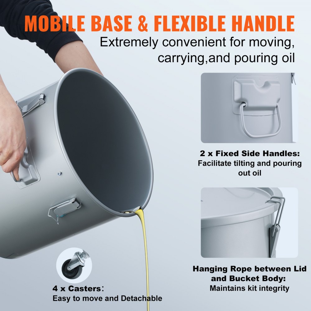Fryer Grease Bucket, 10 Gal Oil Disposal Caddy with Caster Base, Carbon Steel Rust-Proof Coating, Oil Transport Container with Lid, Lock Clips, Filter Bag for Hot Cooking Oil Filtering, Gray