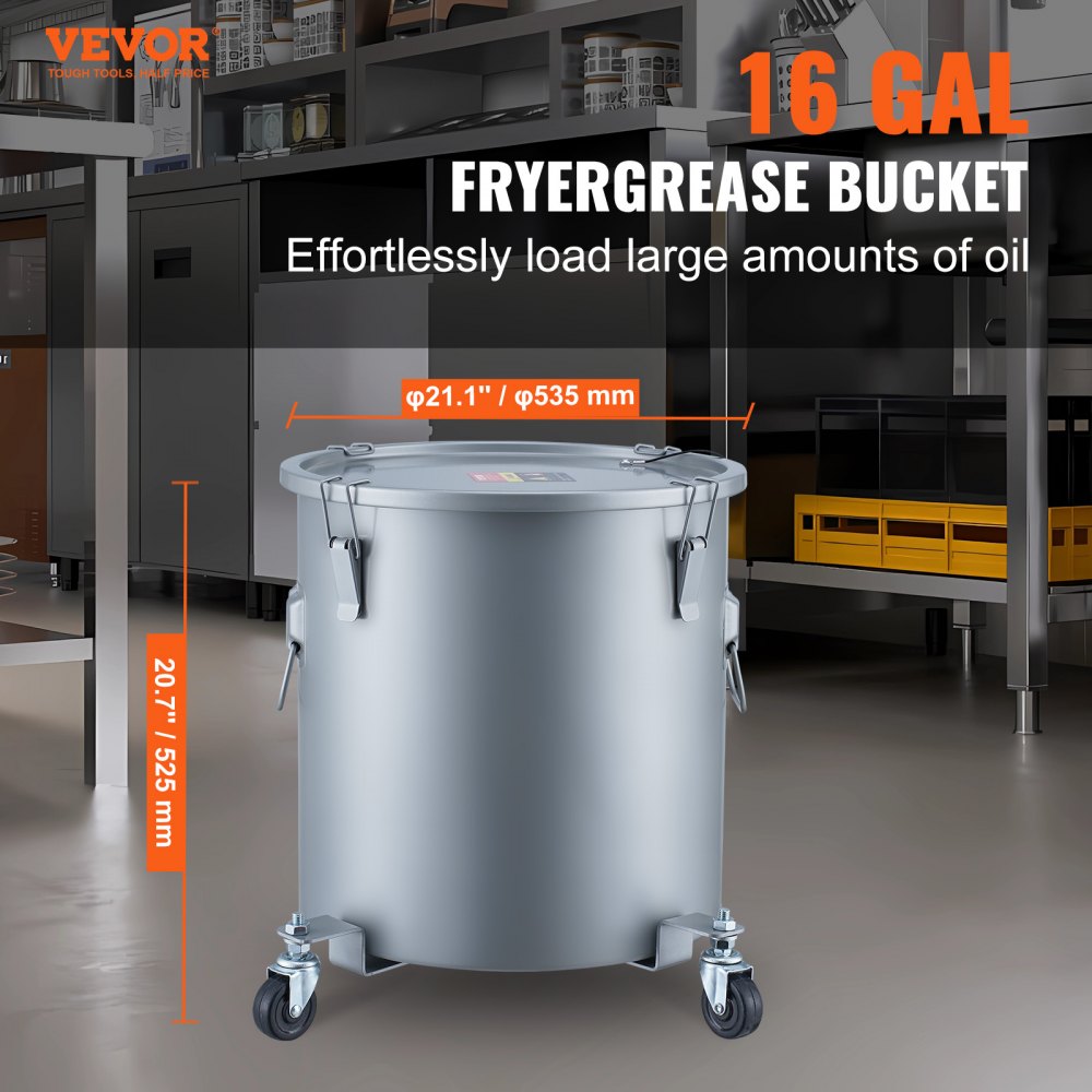 Fryer Grease Bucket, 16 Gal Oil Disposal Caddy with Caster Base, Carbon Steel Rust-Proof Coating, Oil Transport Container with Lid, Lock Clips, Filter Bag for Hot Cooking Oil Filtering, Gray