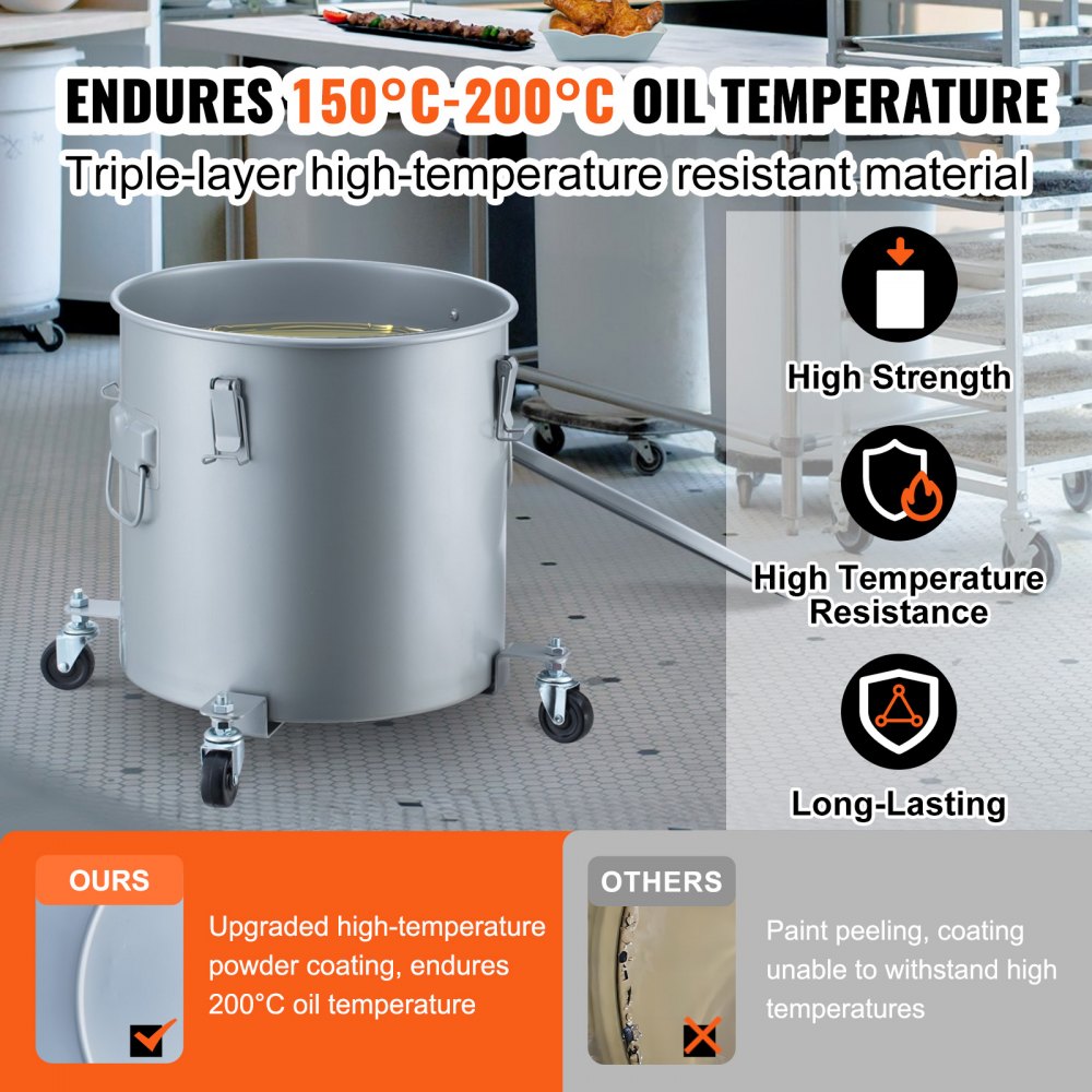 Fryer Grease Bucket, 16 Gal Oil Disposal Caddy with Caster Base, Carbon Steel Rust-Proof Coating, Oil Transport Container with Lid, Lock Clips, Filter Bag for Hot Cooking Oil Filtering, Gray