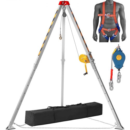 Bostome Confined Space Tripod Kit with winch, cable, harness, and adjustable legs for safety.