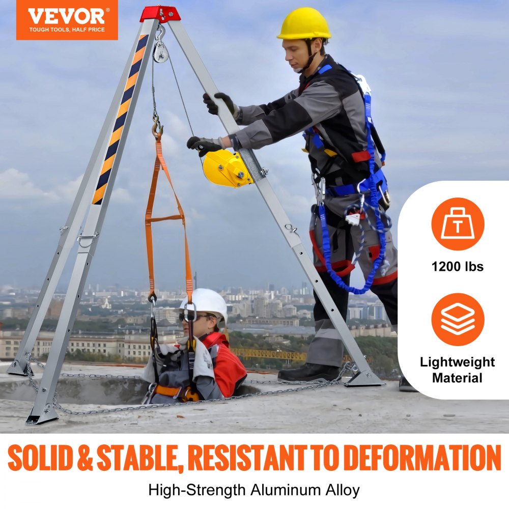 Bostome Confined Space Tripod Kit with winch, cable, harness, and durable design for rescues.
