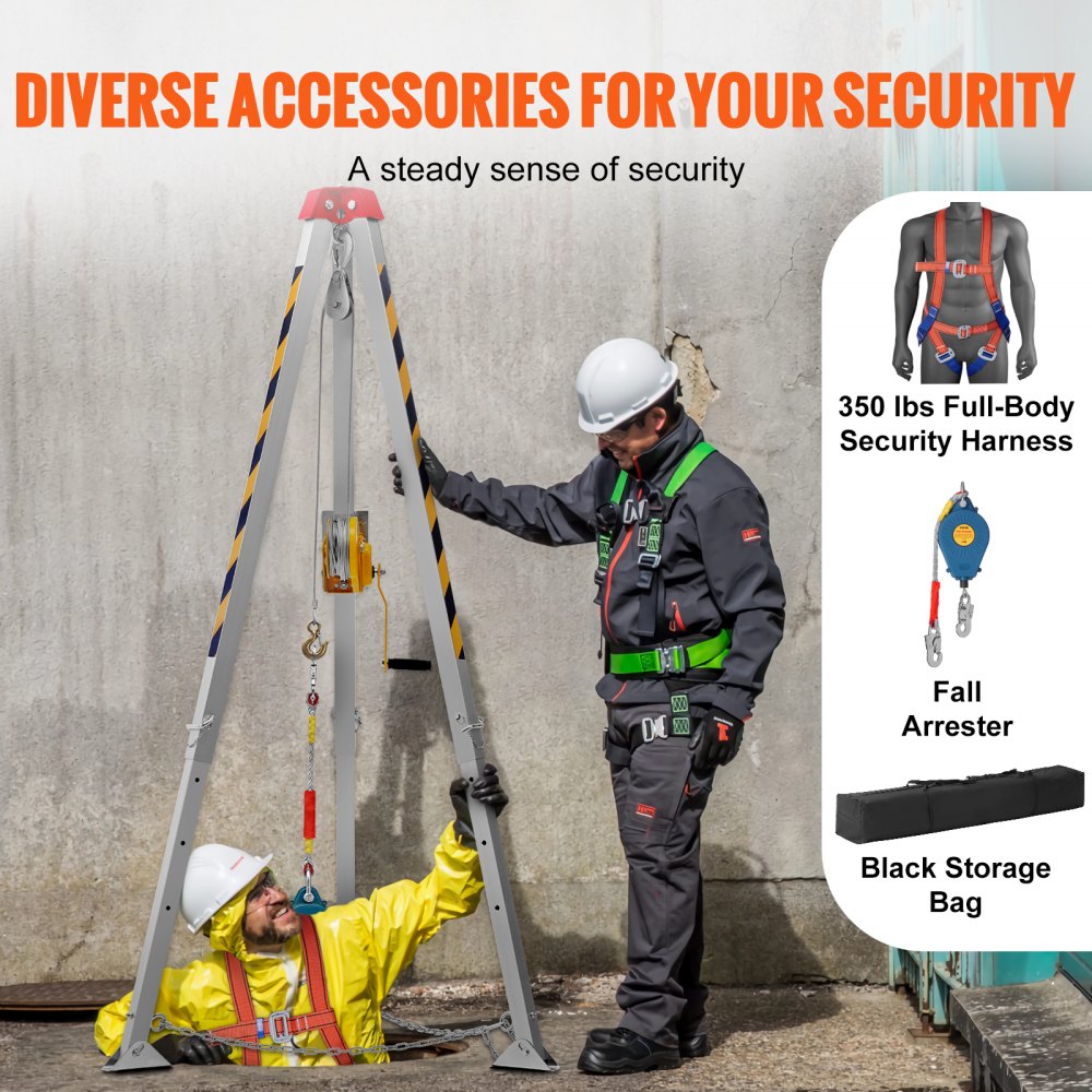 Bostome Confined Space Tripod Kit with winch, cable, harness, and adjustable legs for safety.