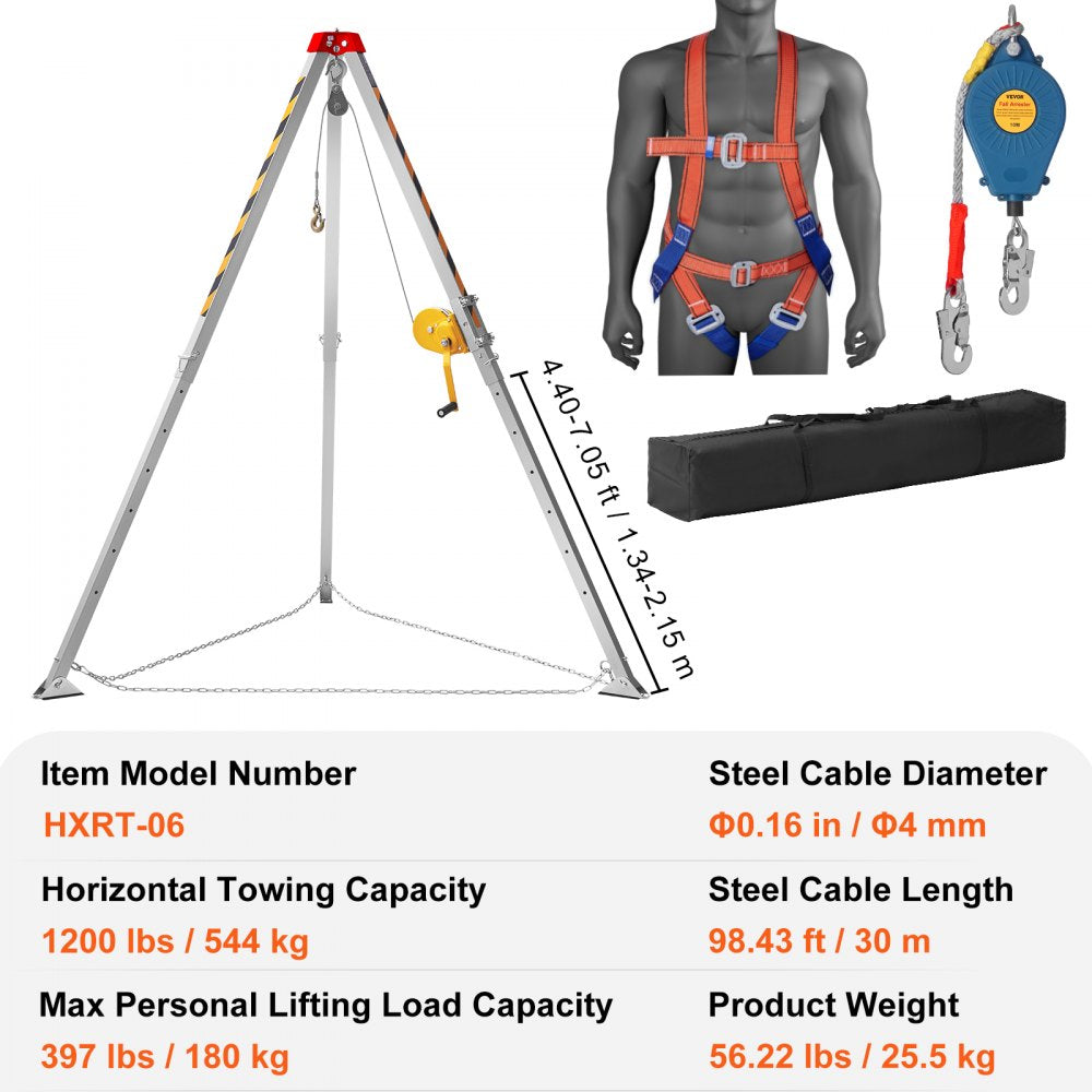 Bostome Confined Space Tripod Kit with winch, cable, harness, and adjustable legs for safety.