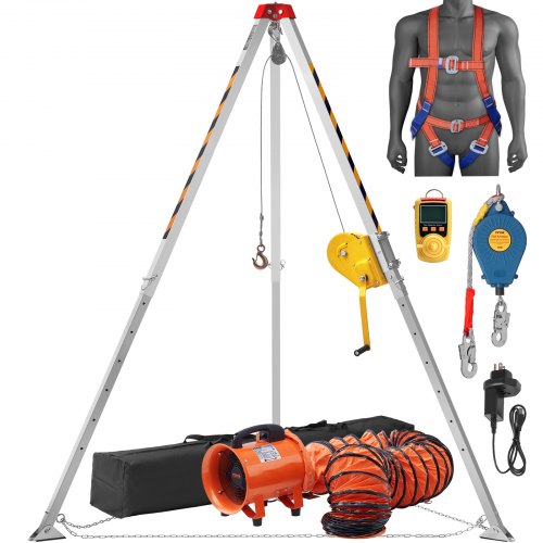 2600 lbs Winch Confined Space Tripod Kit, Confined Space Tripod 8` Legs and 98` Cable, Confined Space Rescue Tripod 33` Fall Protection with Blower, Gas detector, Harness.
