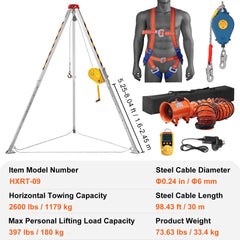 2600 lbs Winch Confined Space Tripod Kit, Confined Space Tripod 8` Legs and 98` Cable, Confined Space Rescue Tripod 33` Fall Protection with Blower, Gas detector, Harness.