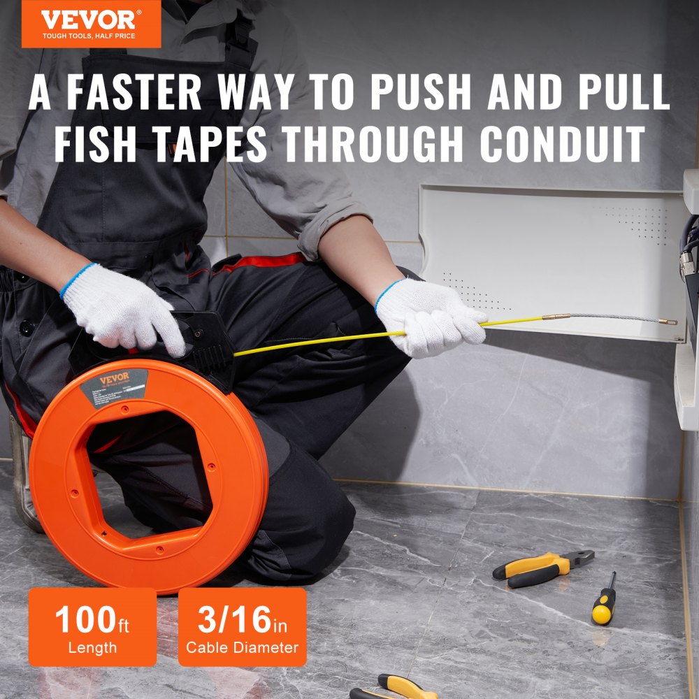 Fish Tape, 100 ft, 3/16-inch, Fiberglass Wire Puller with Optimized Housing and Handle, Easy-to-Use Cable Puller Tool, Flexible Wire Fishing Tools for Wall and Electrical Conduit, Non-Conductive