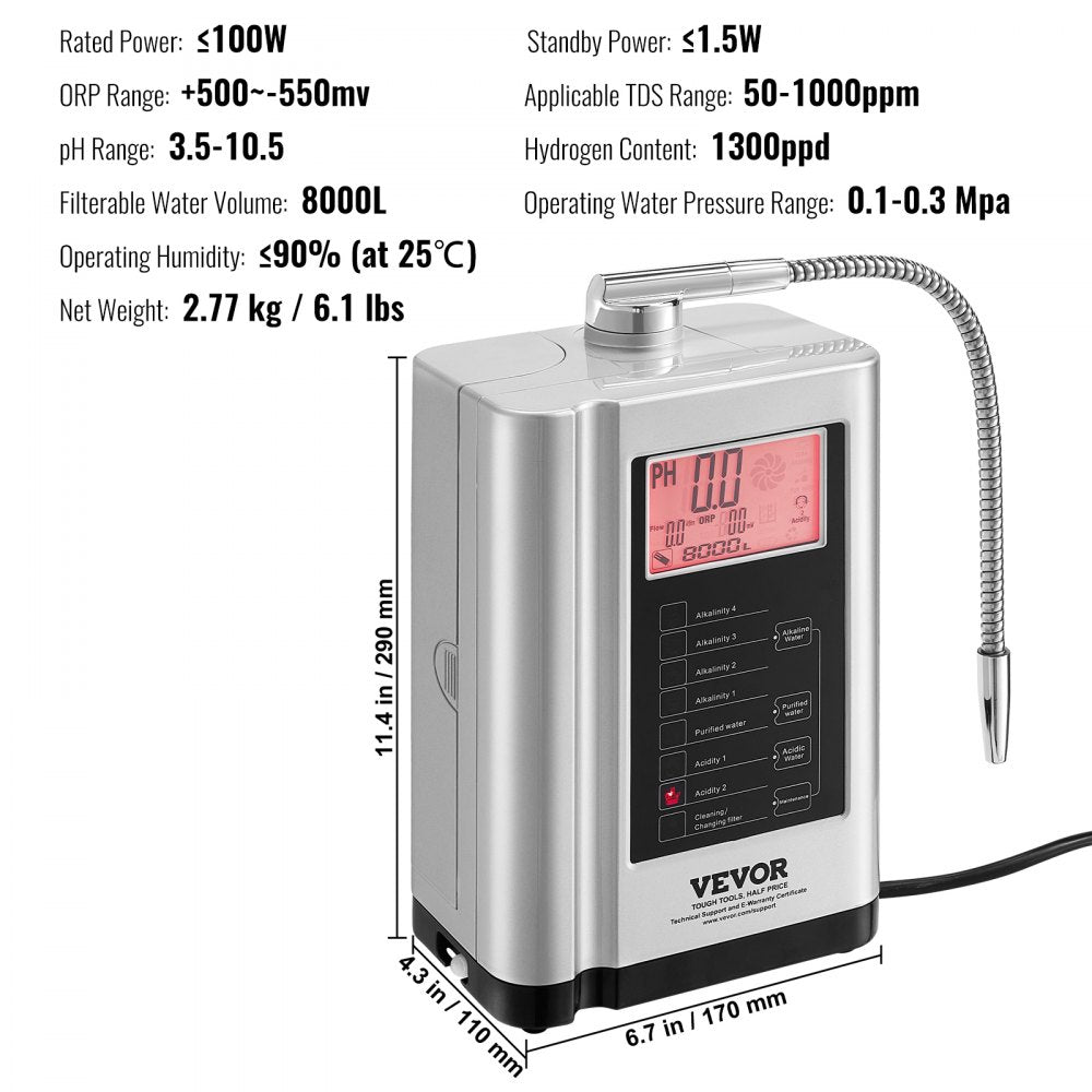 White Bostome alkaline water ionizer machine with digital display, flexible faucet, and power cord.