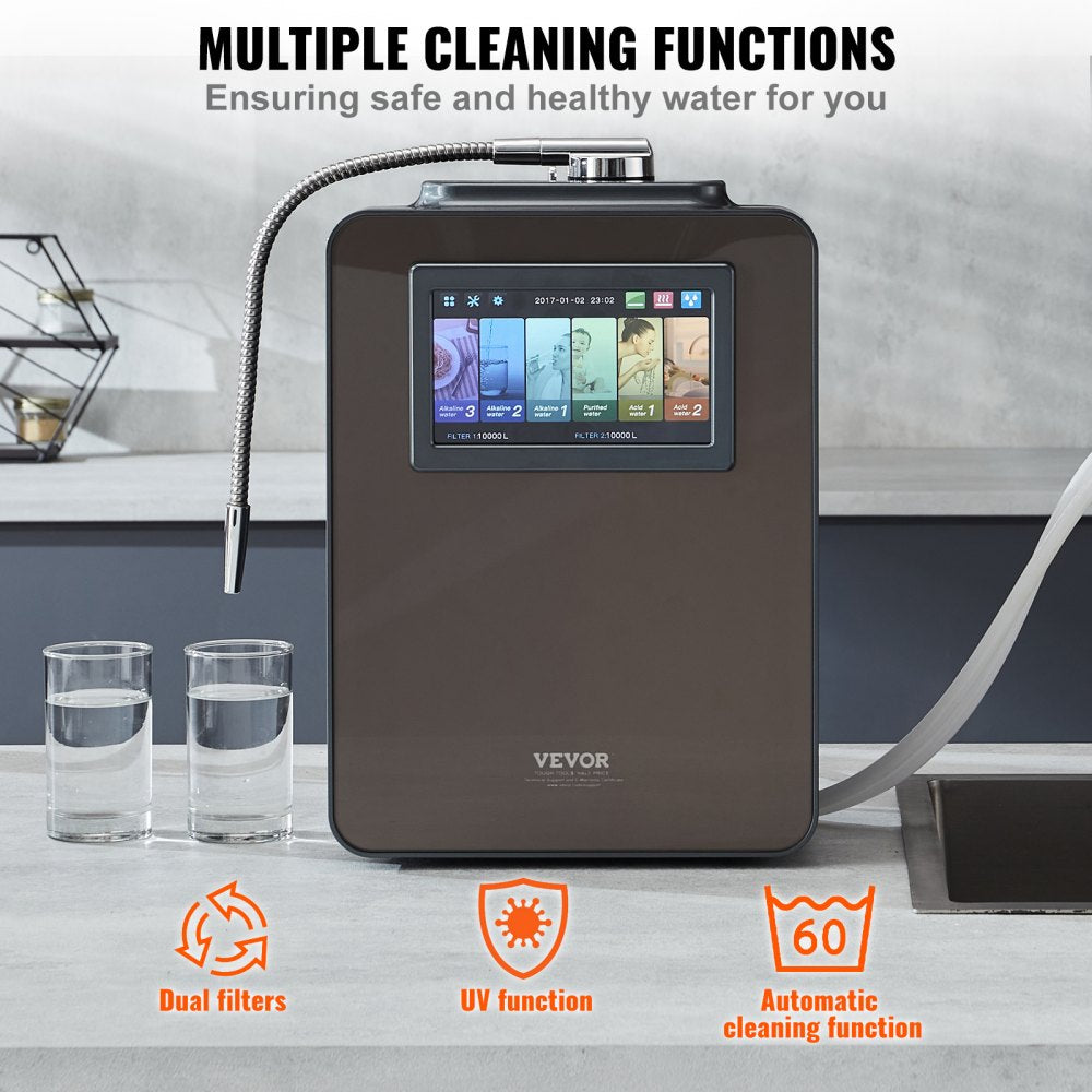 Brown Bostome Alkaline Water Ionizer Machine with touchscreen, dual filters, UV function, and auto-cleaning icons.
