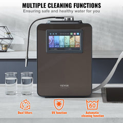 Brown Bostome Alkaline Water Ionizer Machine with touchscreen, dual filters, UV function, and auto-cleaning icons.