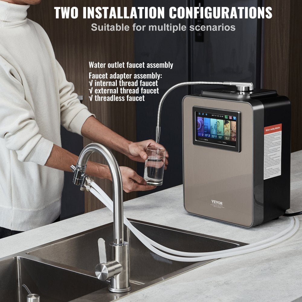 Two installation configurations for Bostome alkaline water ionizer machine with faucet adapters shown on kitchen sink.