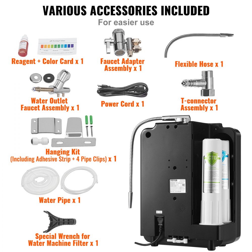 Assortment of accessories for Bostome Alkaline Water Ionizer, including filters, hoses, adapters, and tools.