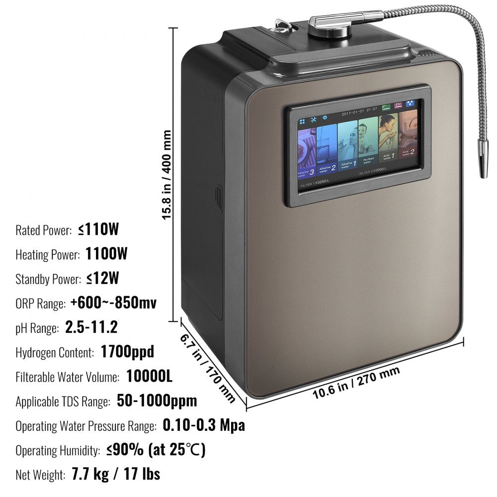 Bostome alkaline water ionizer machine with digital display, faucet, and specs like pH 2.5-11.2 and ORP +600 to -850mV.