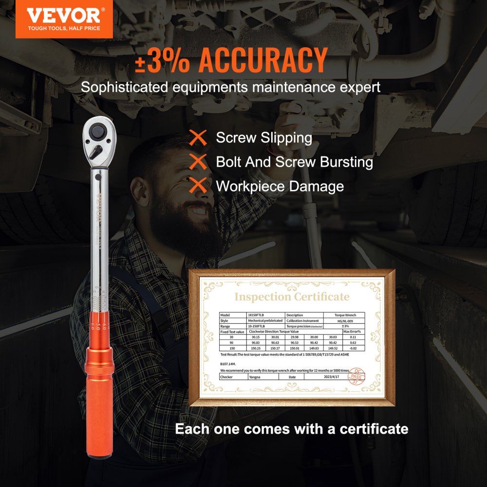1/2-inch drive click torque wrench with 10-150 ft.lb range and ±3% accuracy, shown with certificate.
