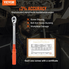 1/2-inch drive click torque wrench with 10-150 ft.lb range and ±3% accuracy, shown with certificate.