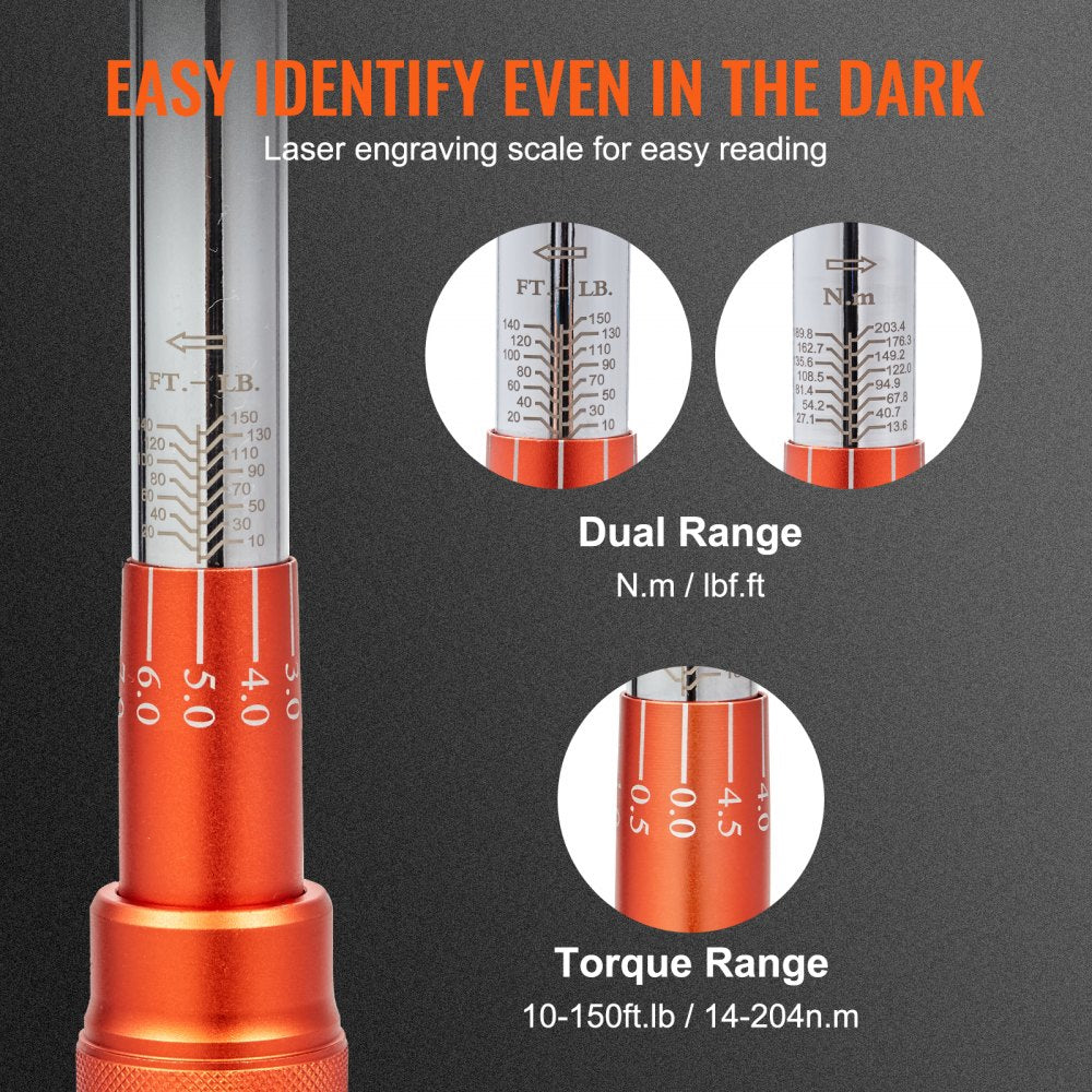 1/2-inch drive click torque wrench with laser-engraved dual-range scale for 10-150 ft.lb torque.