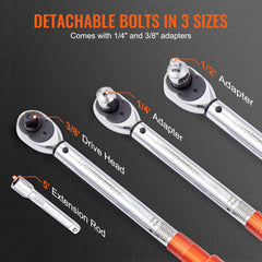 1/2-inch drive click torque wrench with 10-150 ft.lb range, extension rod, and 1/4-inch and 3/8-inch adapters.
