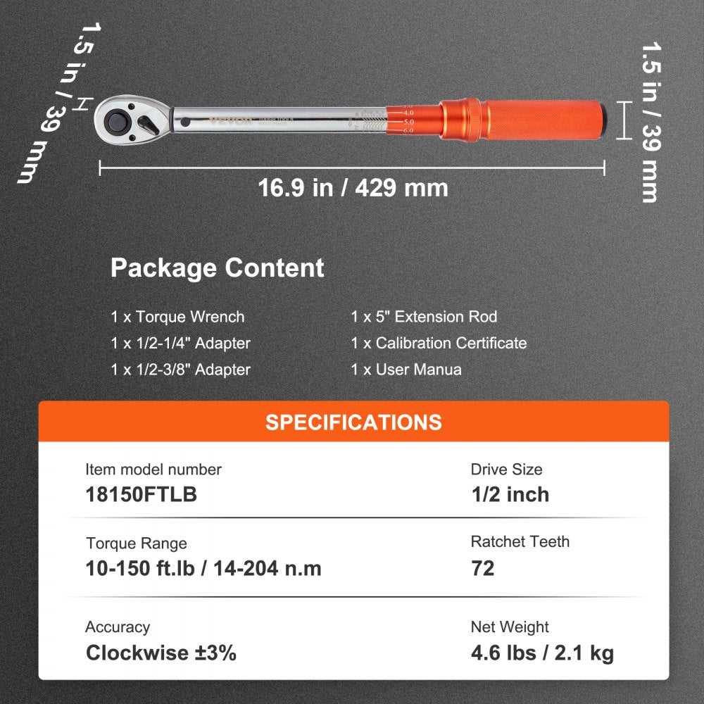 1/2-inch drive click torque wrench with 10-150 ft.lb range and ±3% accuracy, shown with adapters and specs.