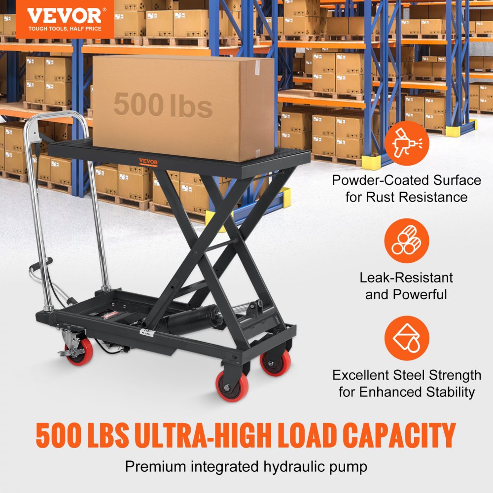 Hydraulic Lift Table Cart, 500lbs Capacity 28.5" Lifting Height, Manual Single Scissor Lift Table with 4 Wheels and Non-slip Pad, Hydraulic Scissor Cart for Material Handling, Black