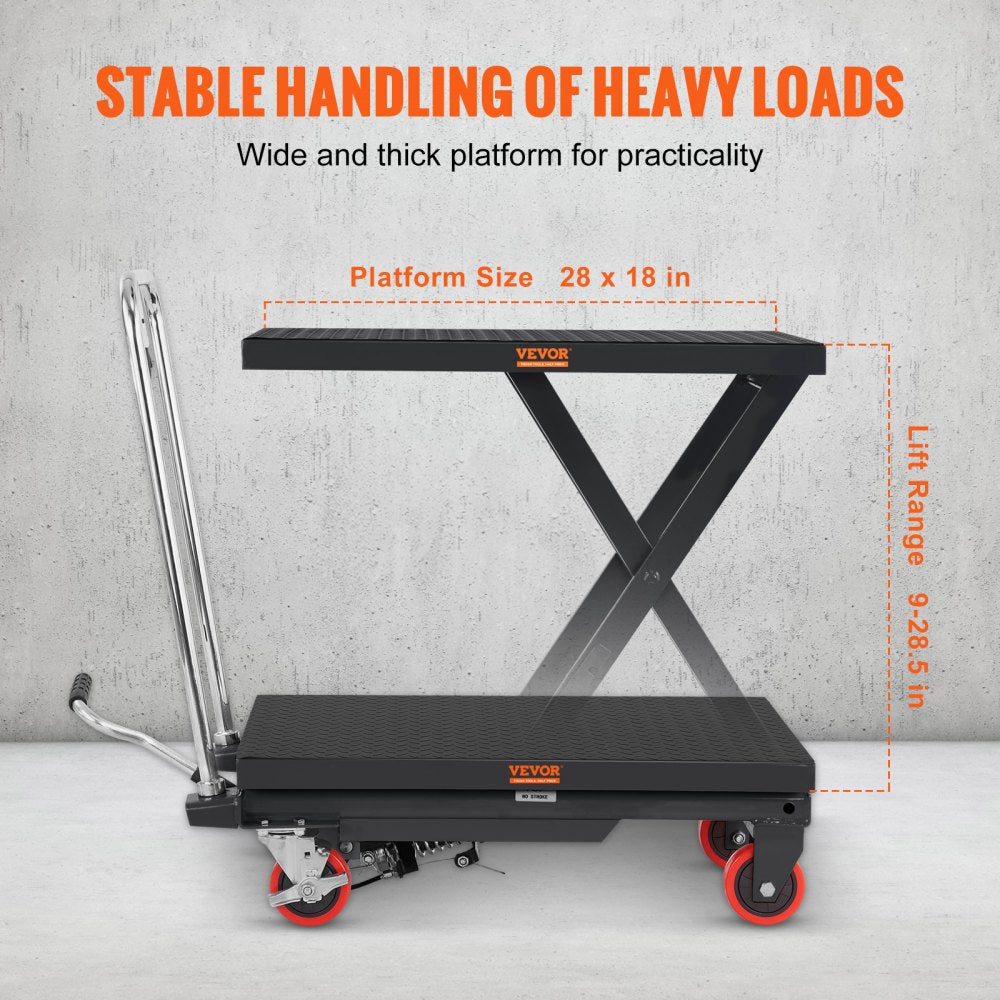 Hydraulic Lift Table Cart, 500lbs Capacity 28.5" Lifting Height, Manual Single Scissor Lift Table with 4 Wheels and Non-slip Pad, Hydraulic Scissor Cart for Material Handling, Black