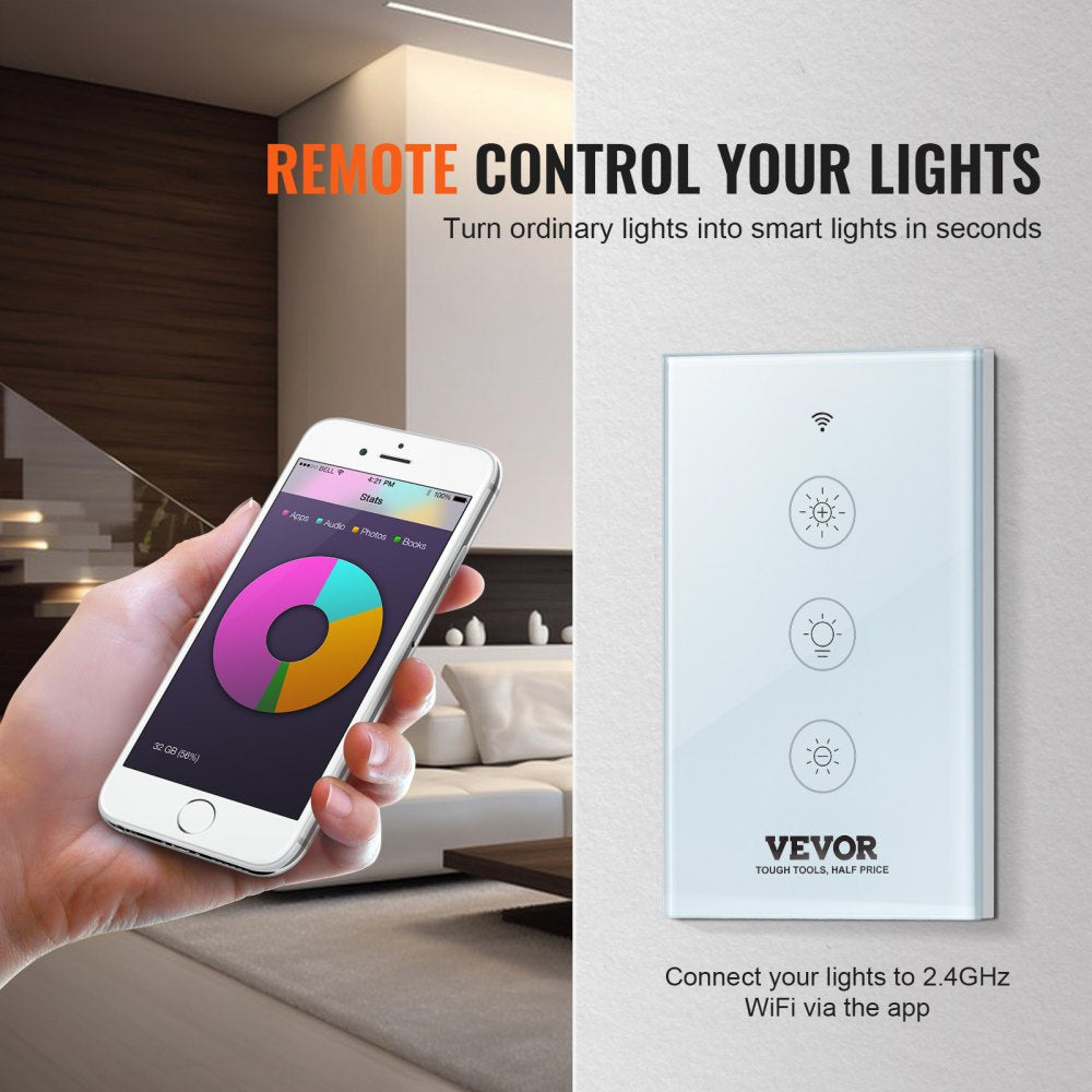 2PCS WiFi Smart Light Dimmer Switch, 100-250V AC Wi-Fi 2.4GHz, 15% to 85% Stepless Dimming LED Dimmable Smart Switch with Touch Panel, App Remote Control Voice Compatible with Alexa Google Home