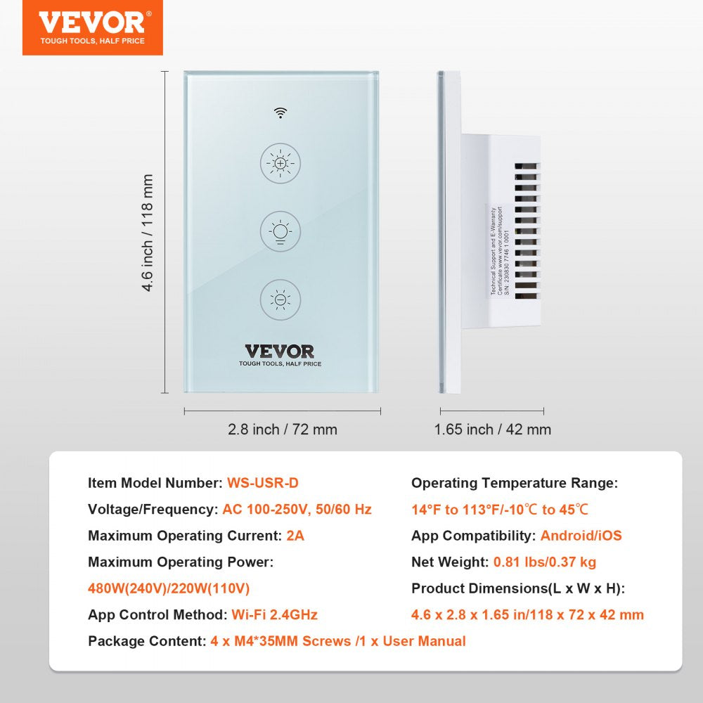 2PCS WiFi Smart Light Dimmer Switch, 100-250V AC Wi-Fi 2.4GHz, 15% to 85% Stepless Dimming LED Dimmable Smart Switch with Touch Panel, App Remote Control Voice Compatible with Alexa Google Home