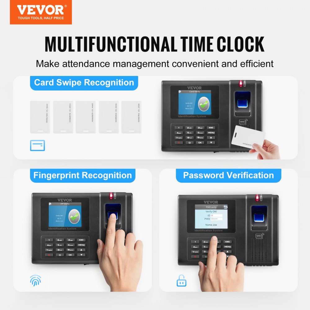 Time Clock, Employee Attendance Machine with Fingerprint, RFID and PIN Punching in One, Standalone Biometric Clock in Machine for Employees Small Business with 5 RFID Cards & No Monthly Fees