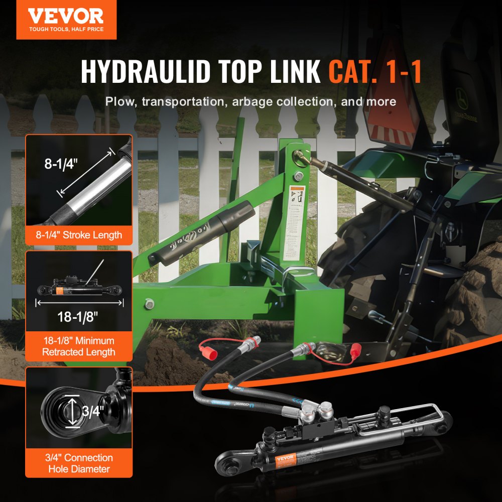 Bostome Cat 1-1 hydraulic top link with check valve, 8-1/4" stroke, and heavy-duty steel construction.