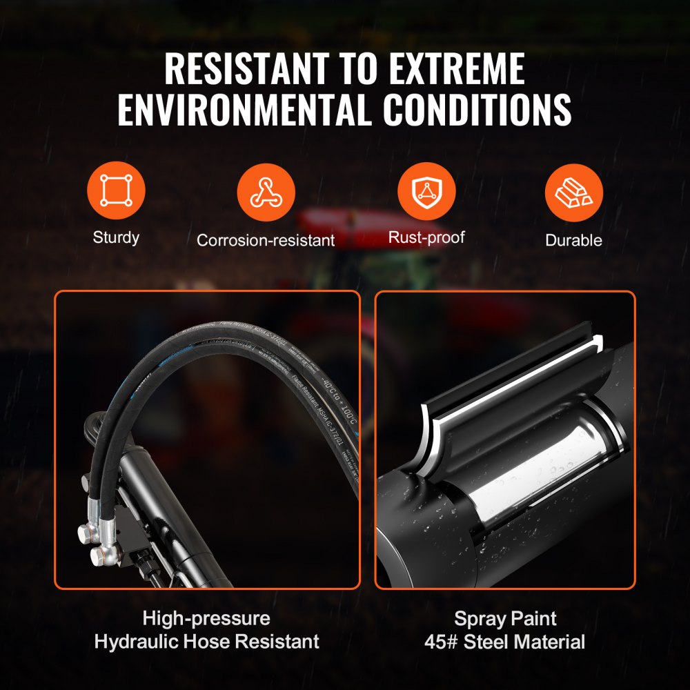 A hydraulic top link with hoses and a steel cylinder, highlighting its resistance to extreme conditions.