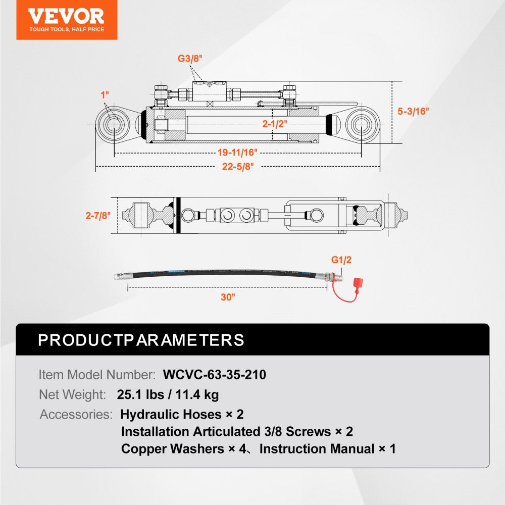Hydraulic top link for Category 2 tractors with 8-5/16 inch stroke and 19-11/16 to 28 inch length.