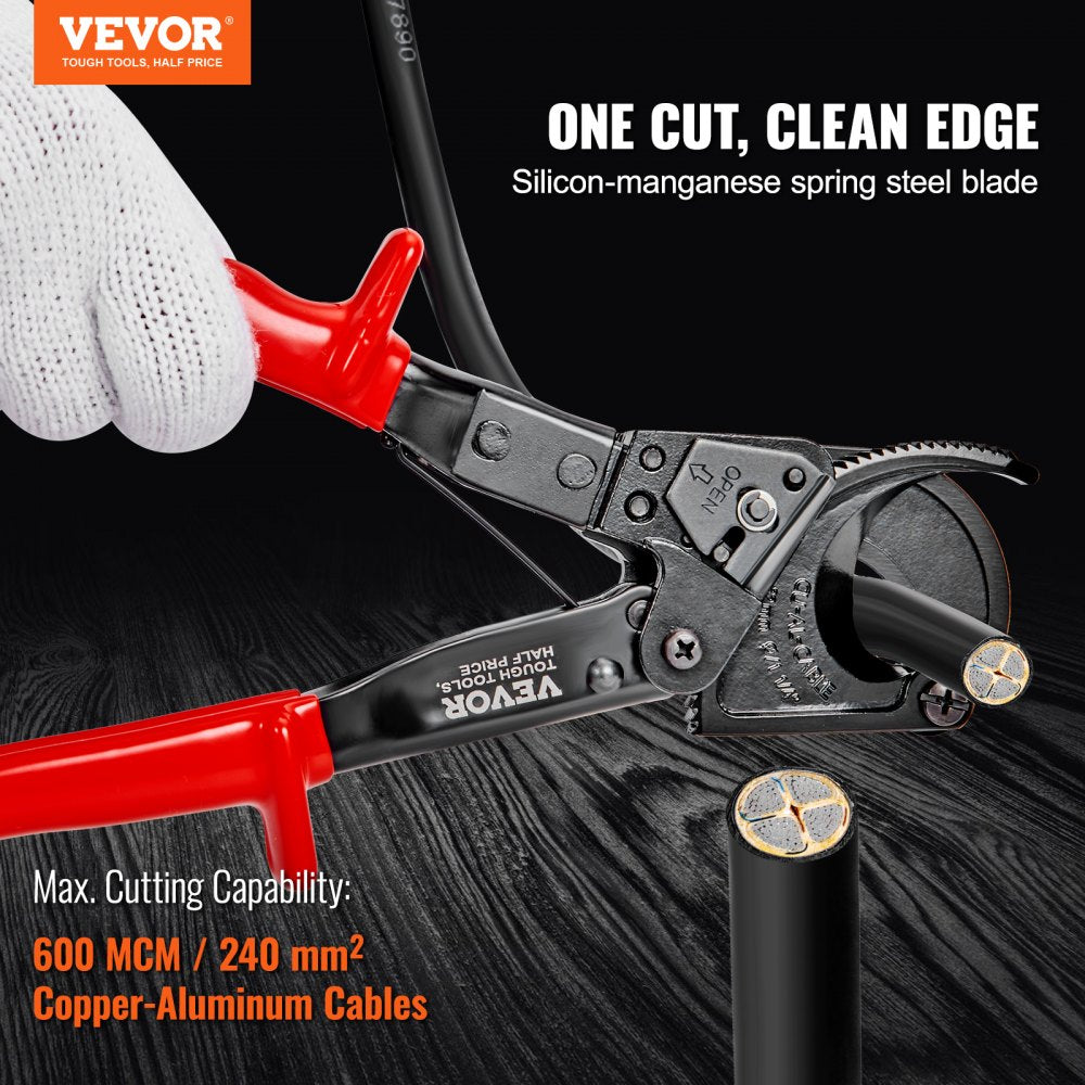 Bostome 10" ratcheting cable cutter with heavy-duty blades for cutting 240 mm² cables.