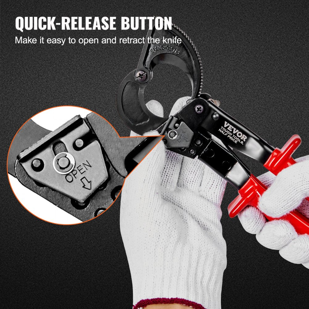 Bostome 10" ratcheting cable cutter with heavy-duty blades and one-handed operation feature.