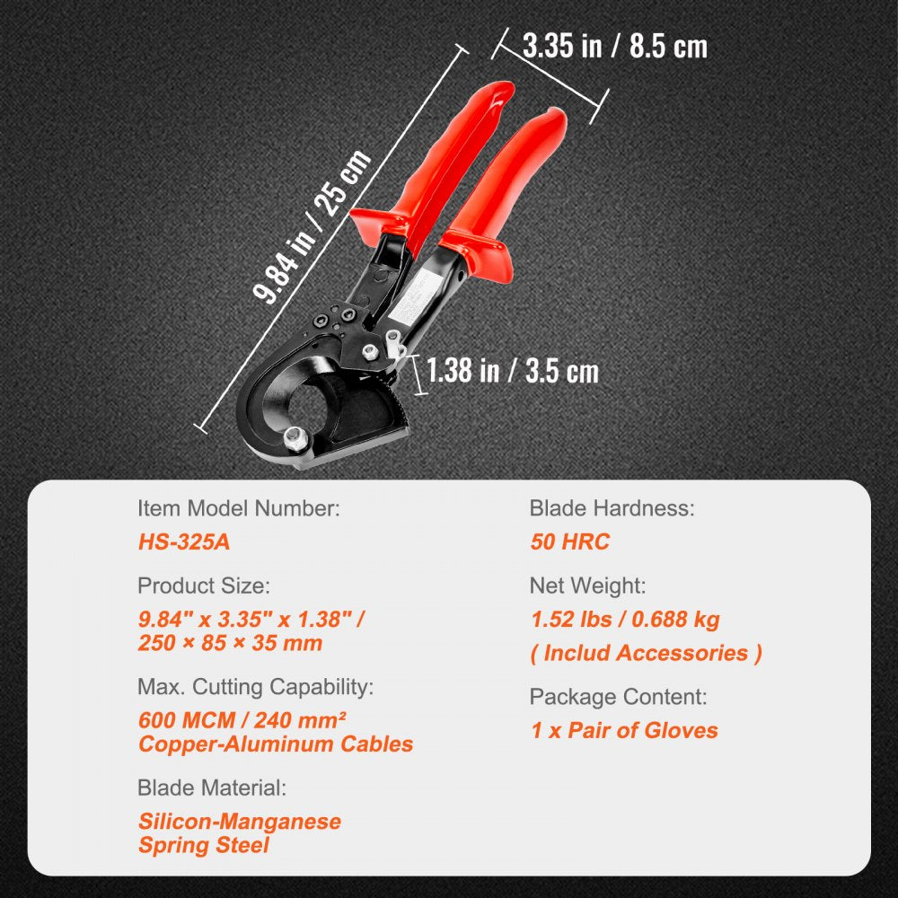Bostome 10" ratcheting cable cutter with heavy-duty blades for cutting 240 mm² cables.