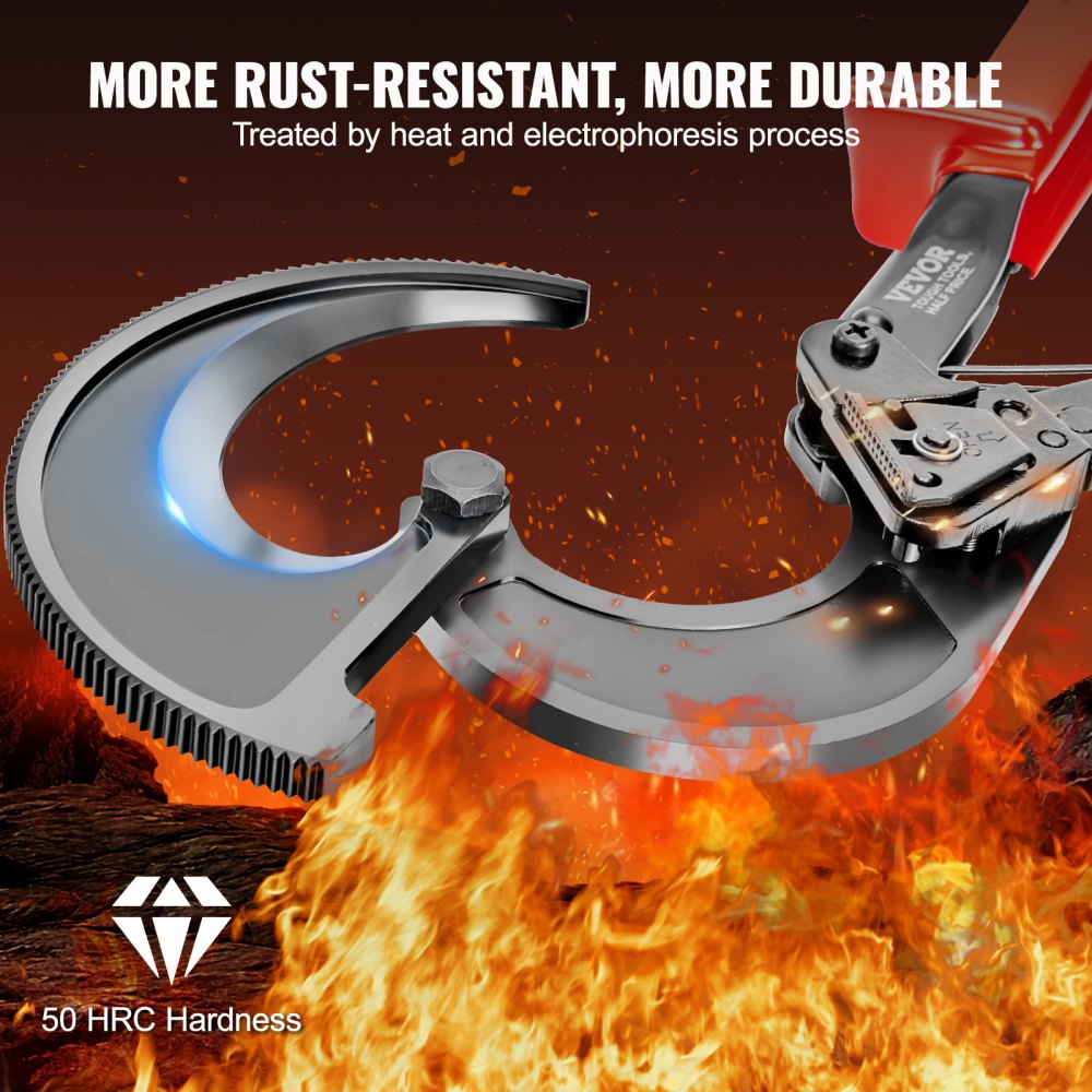 Close-up of Bostome 11-inch ratcheting cable cutter with heavy-duty steel blade and red handles.