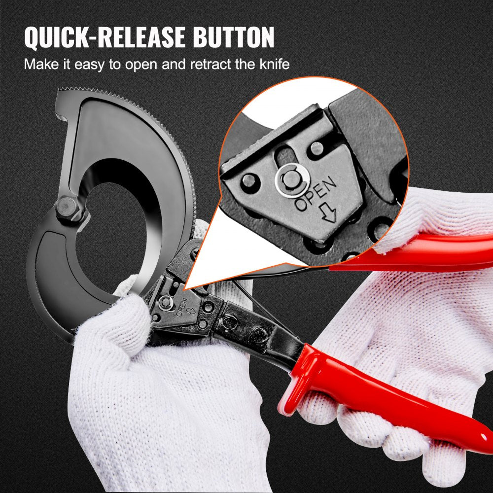 Red-handled Bostome 11" ratcheting cable cutter with white gloves and quick-release button close-up.