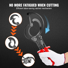 Bostome 11-inch ratcheting cable cutter with heavy duty steel blade and ergonomic red handles.