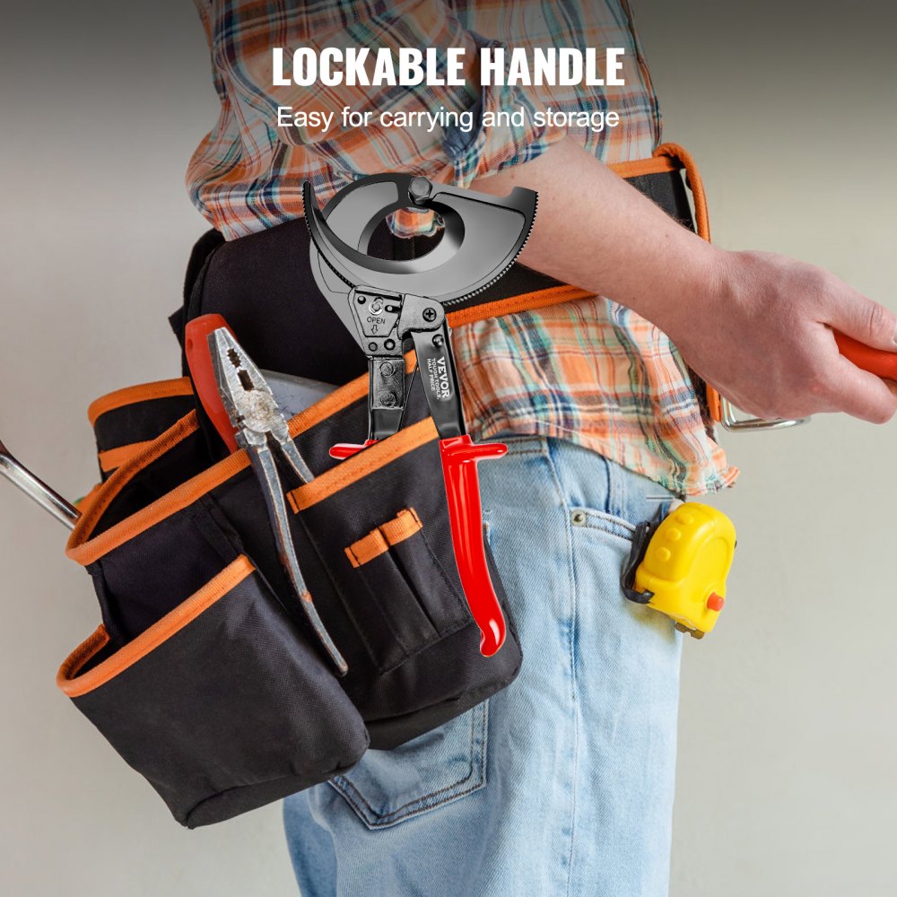 Bostome 11" ratcheting cable cutter with heavy duty steel blade and ergonomic handle in tool belt.
