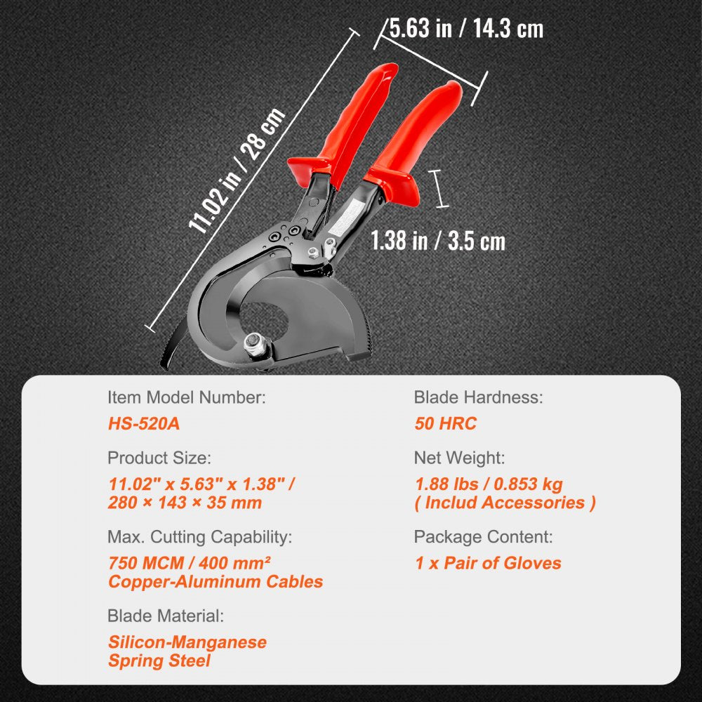 Bostome 11-inch ratcheting cable cutter with red handles and heavy duty steel blade.