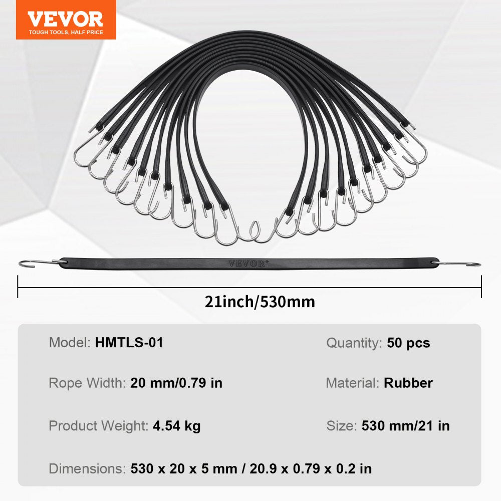 50 Pcs Flat Bungee Cord Set 19.8 mm Heavy Duty Bungee Straps with S-Hook